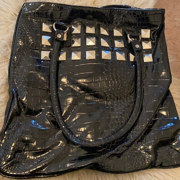 Handbags - Black faux croc print studded handbag